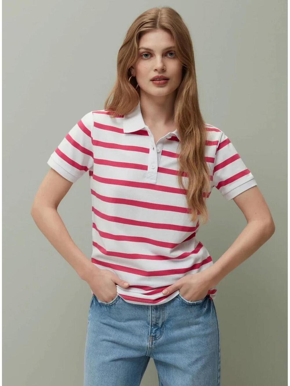 NWT Piombo Women's Pink White Striped Piqué Polo Shirt US Size Small - Picture 1 of 9